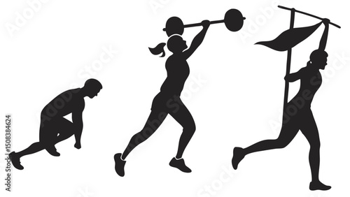Silhouettes depicting athletic progression from runner to weightlifter to flag bearer in motion