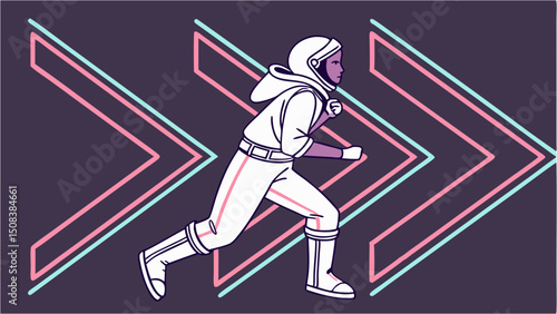 Person in white suit running against a backdrop of neon arrows pointing to the right side view