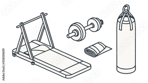 Isometric depiction of a treadmill, dumbbell, rolled towel, and punching bag arranged together neatly