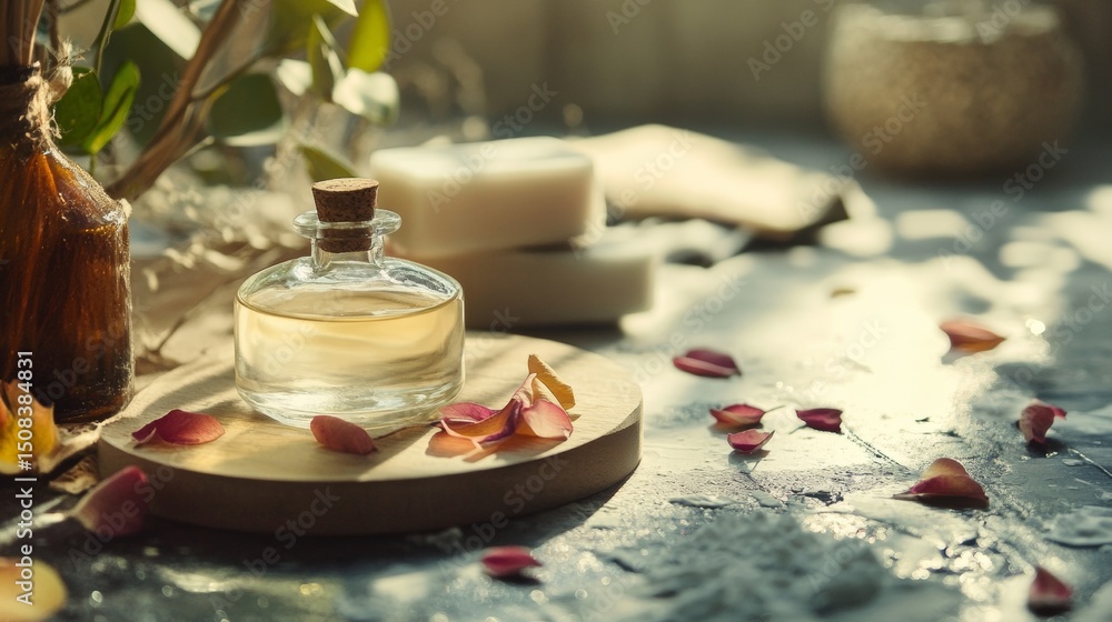 Fototapeta premium Spa candles rose petals massage oil wellness therapy calm relaxation romantic atmosphere soft lighting