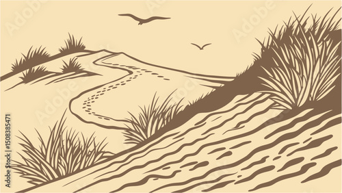 A sandy path winds through dunes with grasses and birds flying above in a serene landscape scene