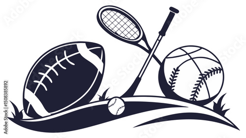Stylized graphic featuring a football tennis racket baseball and basketball on a grassy mound