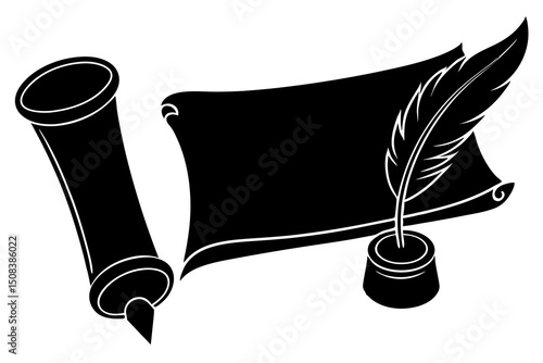 Vintage Parchment with Feather Quill and Ink Well, Black and White, Photorealistic High Contrast