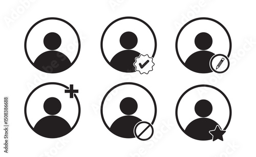 profile account symbols set. black and white icons. verified account, edit profile account, add account, follow account, blocked account, VIP, influencer.