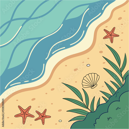 A depiction of a sandy beach with gentle waves, starfish, a seashell, and tropical plants nearby