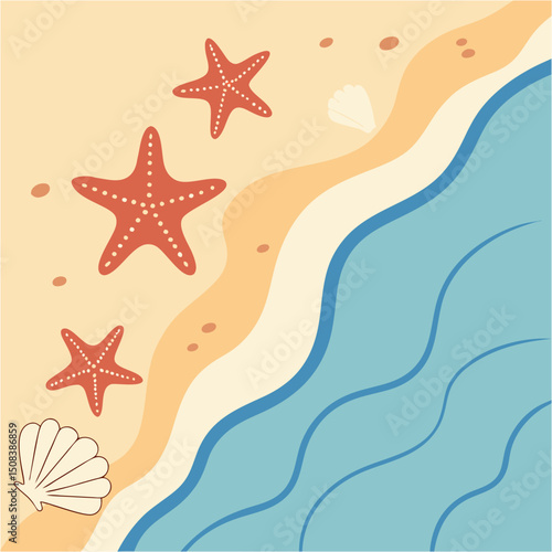 A serene beach scene featuring starfish, a seashell, and gentle waves lapping against the sandy shore