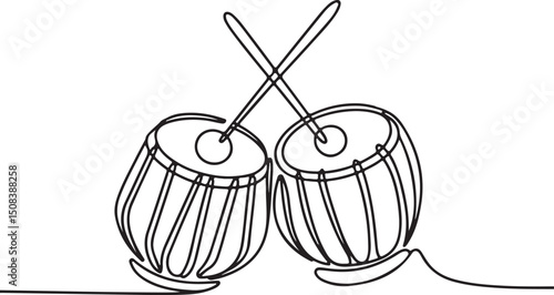 Continuous one line drawing of two traditional Indian tabla drums, minimalist cultural music illustration

