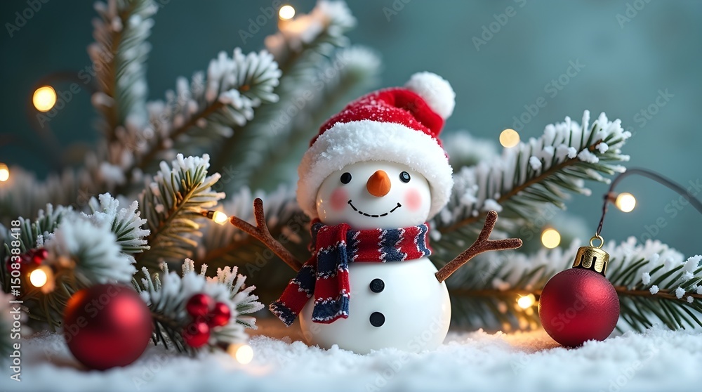 Festive Snowman in a Winter Wonderland Scene with Christmas Decorations Festive Snowman in a Winter Wonderland Scene with Christmas Decorations