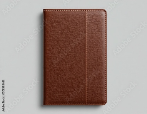 Brown leather notebook mockup on gray background