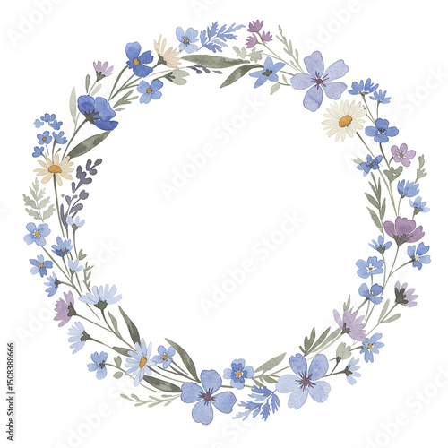 Watercolor floral wreath with delicate blue and lilac flowers for spring decoration