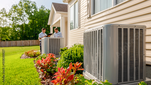 Two HVAC technicians inspect outside home air conditioning units on the lush green residential property.