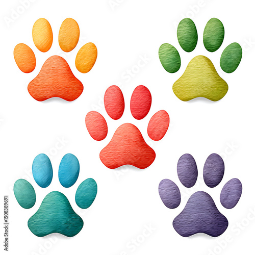 Colorful watercolor paw prints in orange, red, green, blue, and purple with textured artistic style on white background