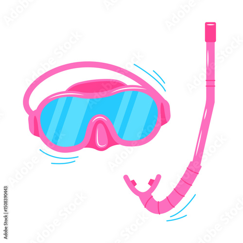 Diving mask with snorkel, pink color, equipment for scuba diving and snorkeling. Underwater goggles and tube to breath. Vector illustration