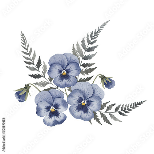 Watercolor pansies with fern fronds in elegant bouquet illustration