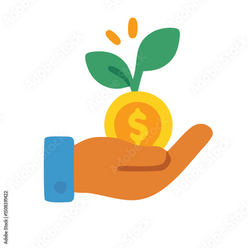 Hand holding a coin with a plant sprouting symbolizes growth, sustainability, investment, finance, environmentalism, and future prosperity conceptually. Suitable for financial and ecofriendly themes.