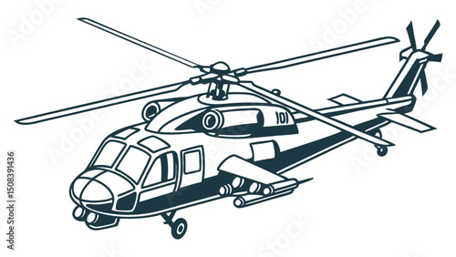 A detailed outline of a military style aircraft with rotors and weaponry in a side view angle design