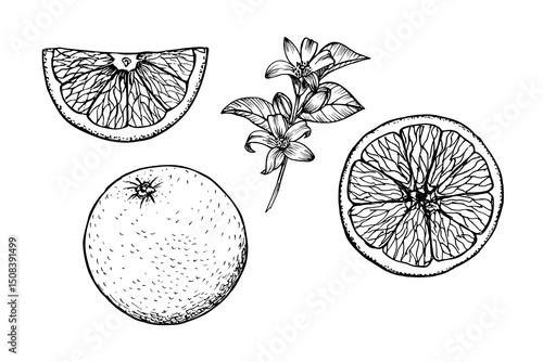 Orange engraved drawing set. Natural outline sketch in botanical style for cooking, spa, medicinal tea, and garden beauty. Hand-drawn vector floral clipart on white background