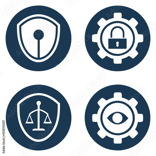 Collection of four circular icons featuring a shield, gear with lock, scales and gear with eye