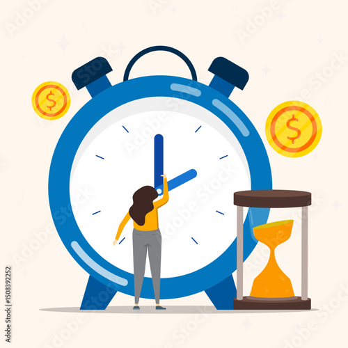 A young woman standing on front big clock and holding clock hands with icon of hourglass and money coins. Symbolizing of productivity on work.