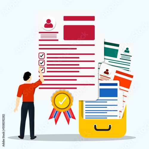 Young human resources staff selecting curriculum vitae of candidates to recruitment as new employees. Potential job candidates and analyzing curriculum vitae. Job recruitment process concept.