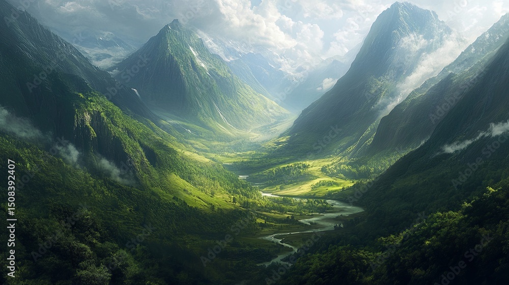 Fototapeta premium serene mountain valley with lush greenery and winding rivers.