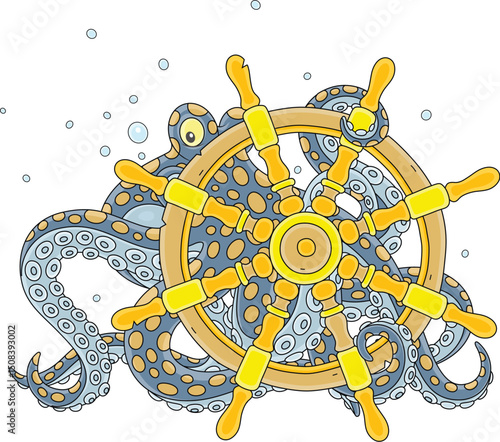 Giant spotted octopus steering an old wooden wheel from a sunken sailing ship on the seabed, vector cartoon illustration isolated on a white background
