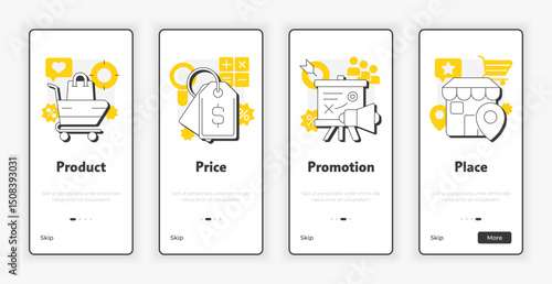 Four P marketing mix mobile onboarding screen. Products and services promotion UX UI illustration. Flat outline style icons with yellow accent. Informa Pro Bold, Montserrat Light fonts used