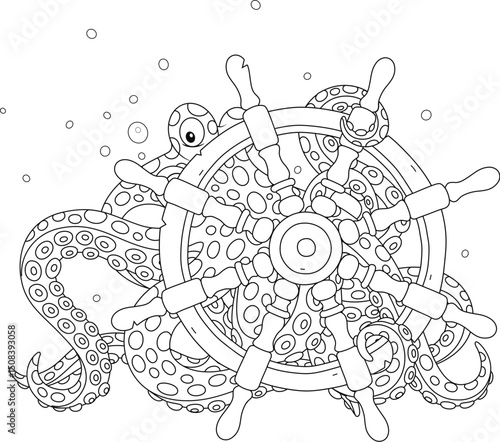 Giant spotted octopus steering an old wooden wheel from a sunken sailing ship on the seabed, black and white outline vector cartoon illustration for a coloring book