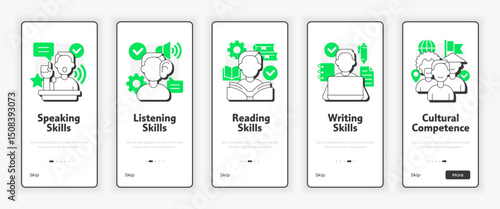 Language learning competences mobile onboarding screen. Speaking, reading skills UX UI illustration. Flat outline style icons with green accent. Informa Pro Bold, Montserrat Light fonts used