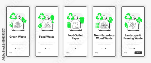 Organic waste types mobile onboarding screen. Green, food, non hazardous wood waste UX UI illustration. Flat outline style icons with green accent. Informa Pro Bold, Montserrat Light fonts used