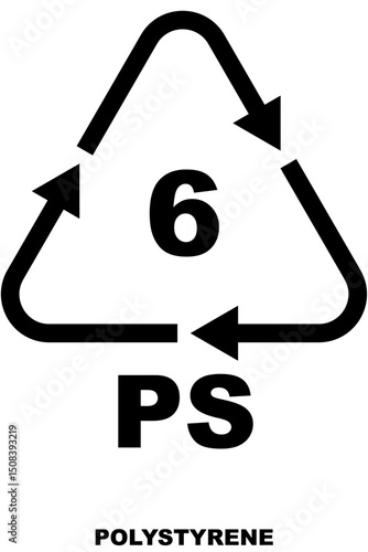 Plastic recycling code, black color symbol for polystyrene plastic. Arrow triangle with number 6 and 'PS' for material identification.