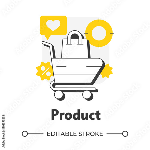 Product flat outline concept icon. Satisfies customer preferences. Four P marketing mix. Shopping cart with bag. Modern line illustration with yellow glyphs. Conceptual visual. Easy to edit