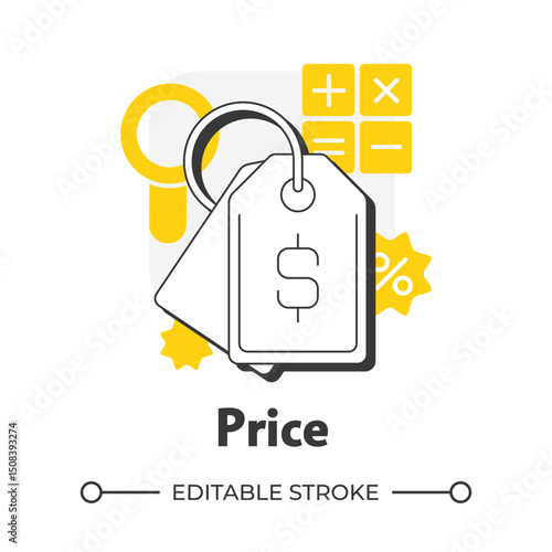Price flat outline concept icon. Determine reasonable cost. Finances and expenses. Four P marketing strategy. Modern line illustration with yellow glyphs. Conceptual visual. Easy to edit