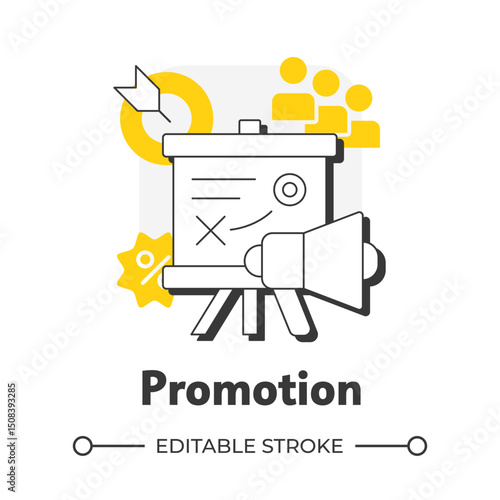 Promotion flat outline concept icon. Advertising campaign strategy. Business planning. Four P marketing mix. Modern line illustration with yellow glyphs. Conceptual visual. Easy to edit