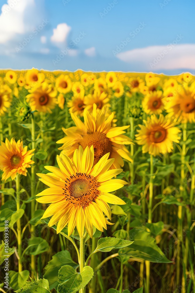 Fototapeta premium Vibrant sunflower field under a summer sky
