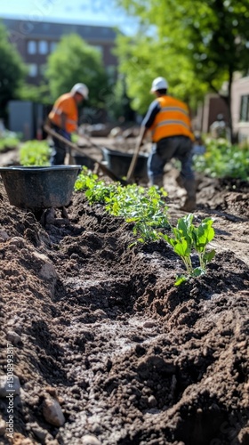 Construction workers are actively preparing a landscaping site in an urban area. They use shovels and wheelbarrows to move soil and plants for the upcoming project