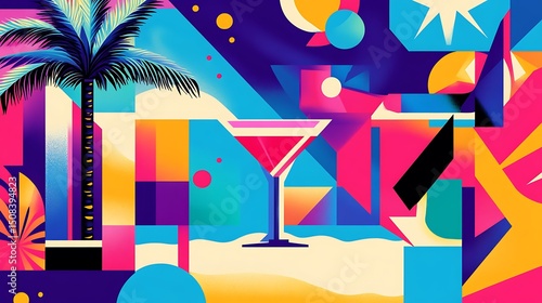 Colorful geometric design with a cocktail and palm tree.