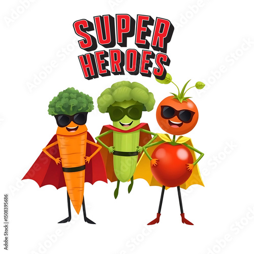 Cute Cartoon of Superhero Vegetables: Carrot, Broccoli, and Tomato.
