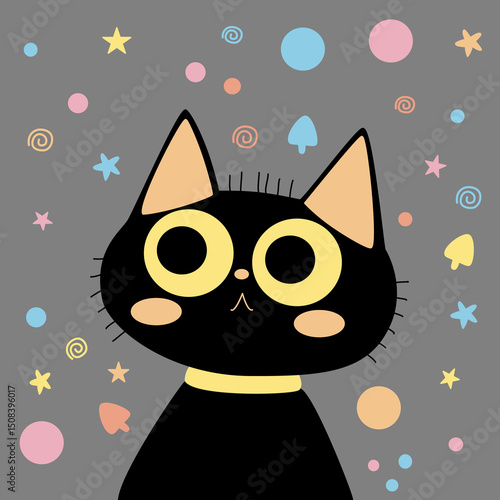 cute funny black cat and drawn vector illustration design. Ideal for cards, print, poster and doodle cat style.