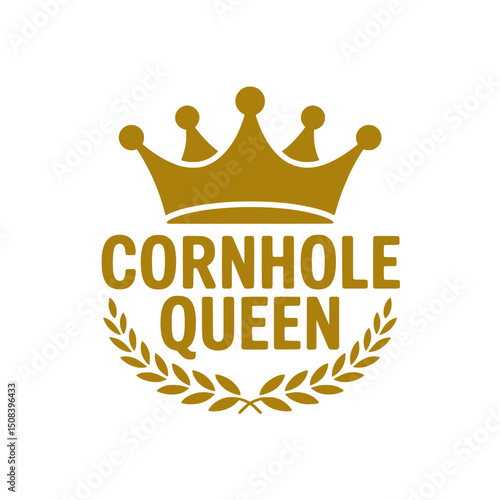 Cornhole Queen Crown Graphic for Women, Golden crown and laurel emblem with "Cornhole Queen" text, ideal for women’s cornhole team apparel, trophies, or fun gifts.

