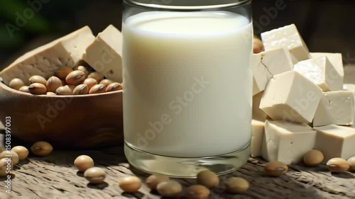 Cinematic orbit and zoom on glass of soy milk, tofu, and soybeans on rustic wood table