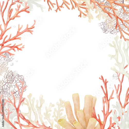 A frame made of coral twigs in a nautical style. Watercolor illustration. Red and white coral, sea anemone frame postcard, isolated on white background. Inhabitants and plants of the underwater world