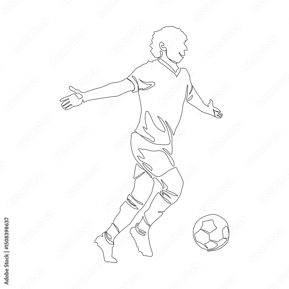 Naklejka premium Soccer, football player kicking ball, footballer shoots and scores a goal, a player selebrating the victory isolated vector one line silhouette