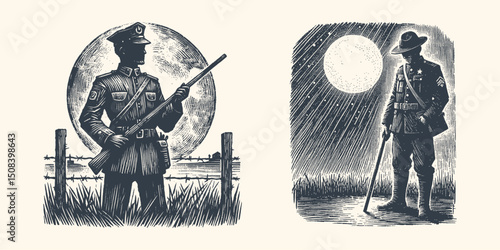  a guard man on night duty, detailed illustrations capturing classic security and vigilance themes in antique art style, Set of vintage engraving and woodcut style designs featuring