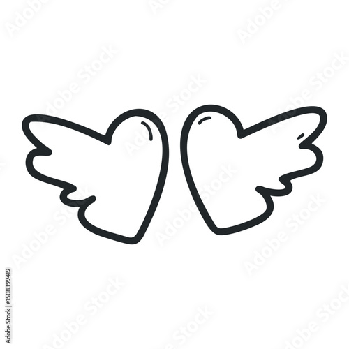 Outline drawing of heart-shaped wings symbolizing love and freedom – stock vector icon in line drawing style