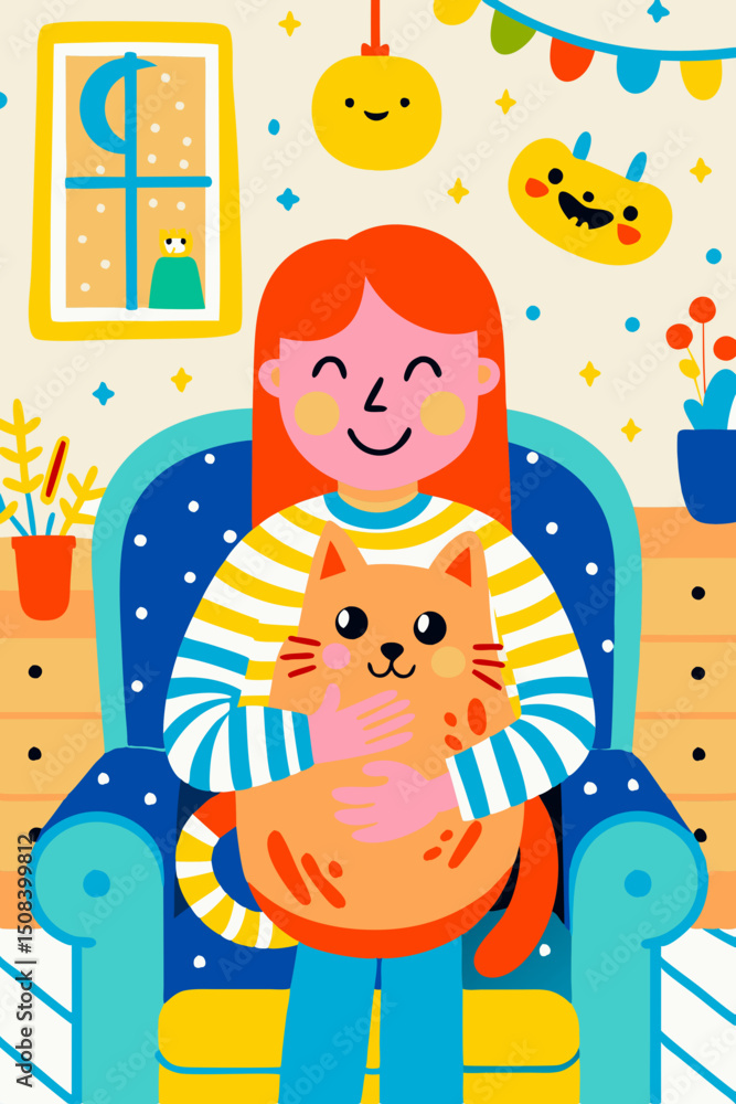 Fototapeta premium Young girl smiling while holding cat in colorful living room 