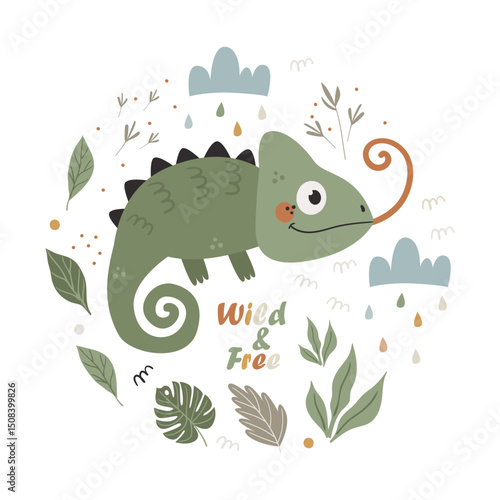 Vector round poster with cute chameleon inside, leaves and branches. Well suited for use in children's room design, books, kindergarten
