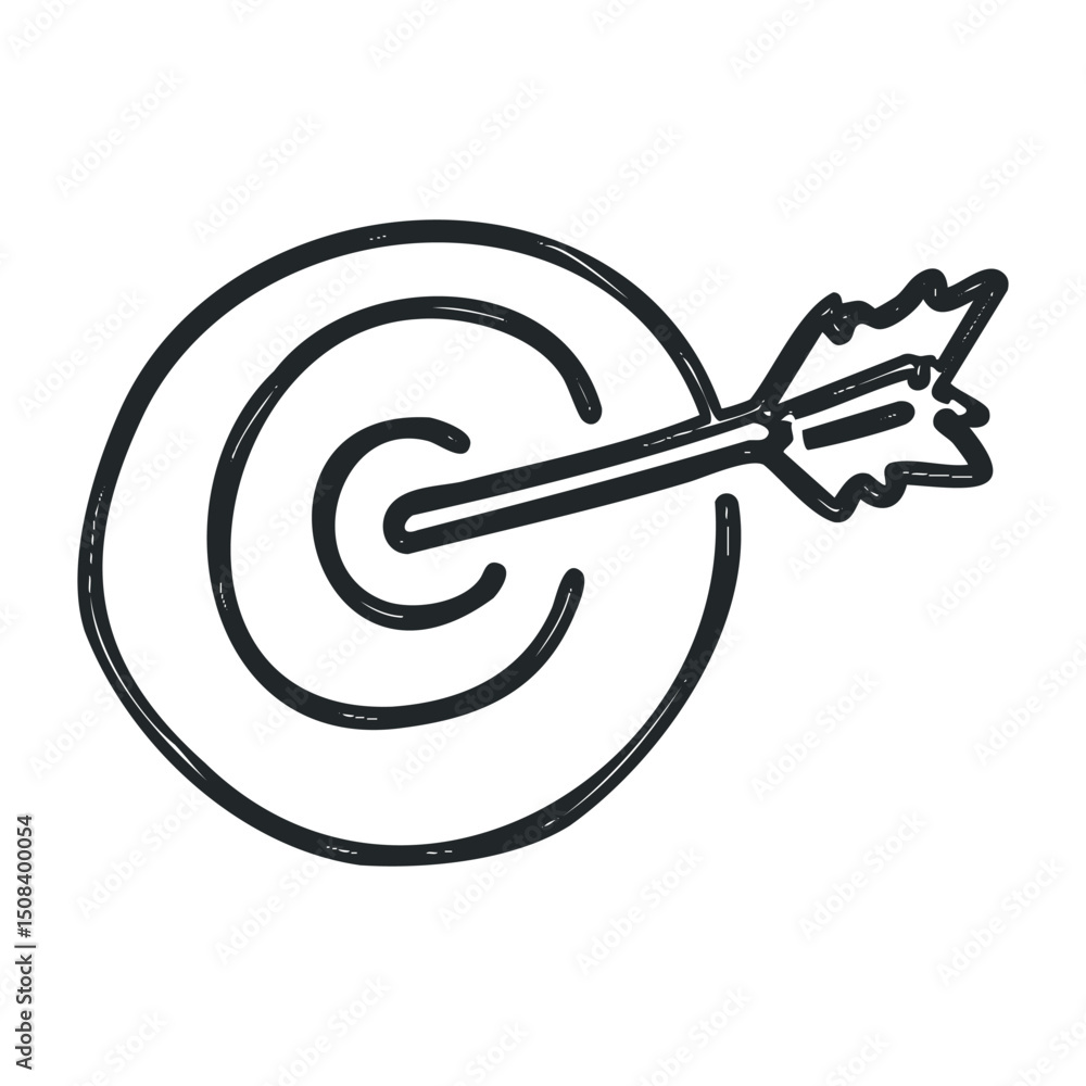 Hand-drawn bullseye target with arrow illustration in monochrome – stock vector icon in line drawing style Hand-drawn bullseye target with arrow illustration in monochrome – stock vector icon in line drawing style