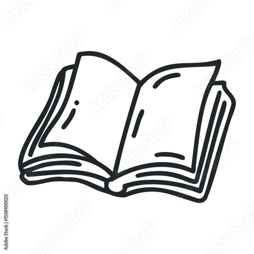 Open book illustration with sketched pages and cover detailing – stock vector icon in line drawing style