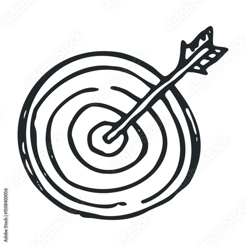 Hand-drawn arrow striking center of target – stock vector icon in line drawing style